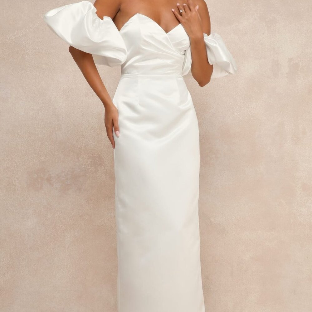Profound Love White Satin Pleated Puff Sleeve Maxi Dress NWT